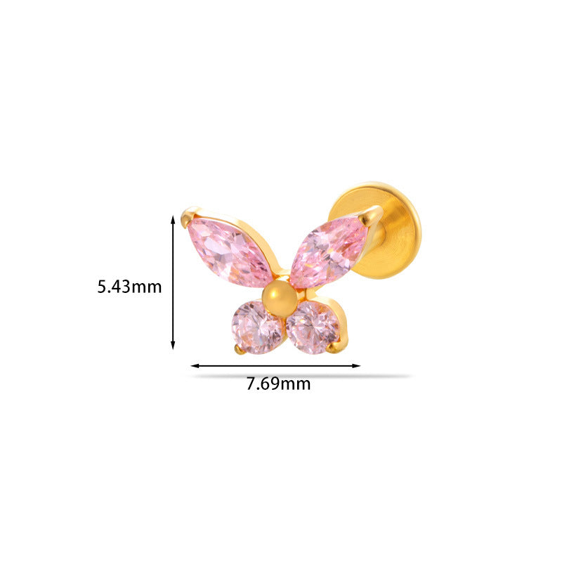 F136 Titanium Butterfly Zirconia Piercing - 1.2*8mm Lip & Cartilage Stud with Internal Thread