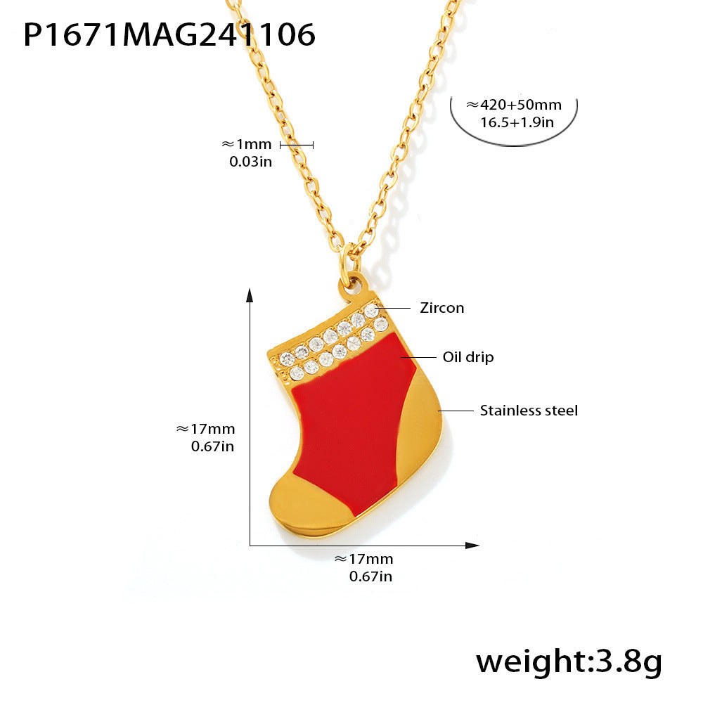 Gold Stainless Steel Christmas Red Sock Pendant Necklace | Festive Holiday Zircon Jewelry Gift
