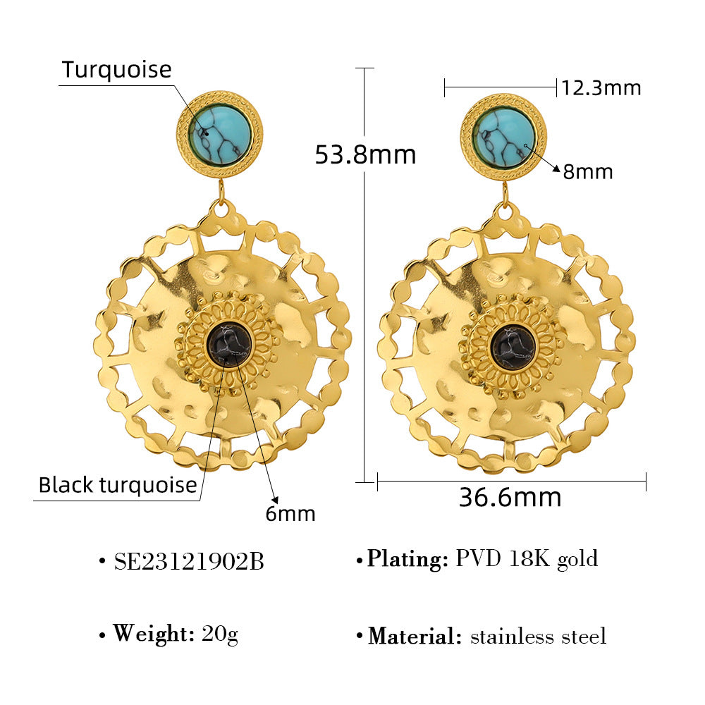 Natural Stone Floral Hoop Earrings – Stainless Steel Turquoise & Opal Drop Earrings for Women