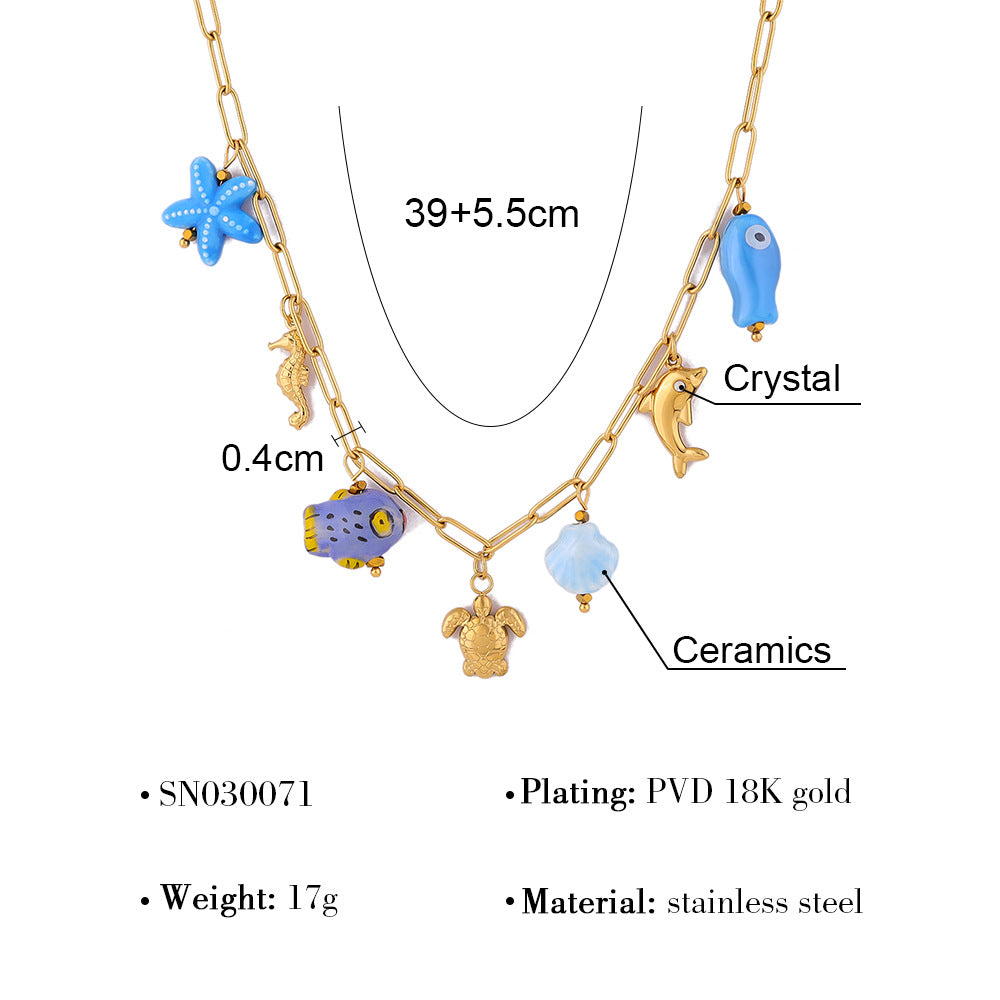 18K Gold Plated Titanium Steel Ocean Pendant Necklace | Seahorse, Starfish, Shell, Turtle, Fish & Dolphin Designs