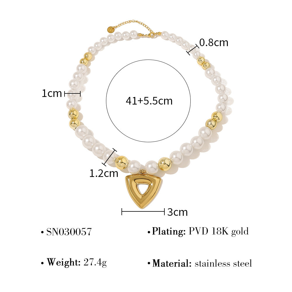Vintage Pearl Beaded Hollow Triangle Pendant Necklace | 18K Gold & Silver Stainless Steel Elegant Jewelry for Women