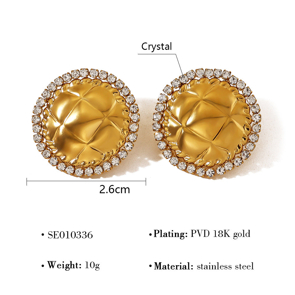 Stainless Steel Crystal Geometric Round Earrings – Textured Luxury Statement Hoop Earrings for Women