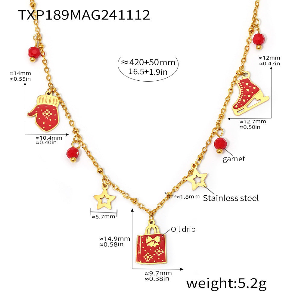 Gold Stainless Steel Garnet Christmas Necklace & Bracelet | Festive Gift Jewelry Set for Women