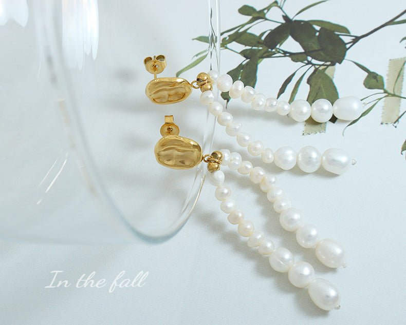 Oval Freshwater Pearl Earrings – Elegant Stainless Steel Statement Earrings for Women