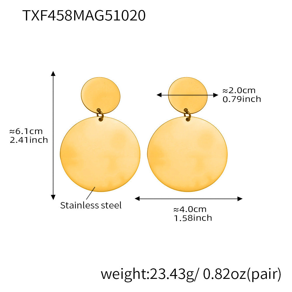 Stainless Steel Long Pendant Sweater Necklace, Drop Earrings & Ring Set – Gold Minimalist Round Disc Jewelry