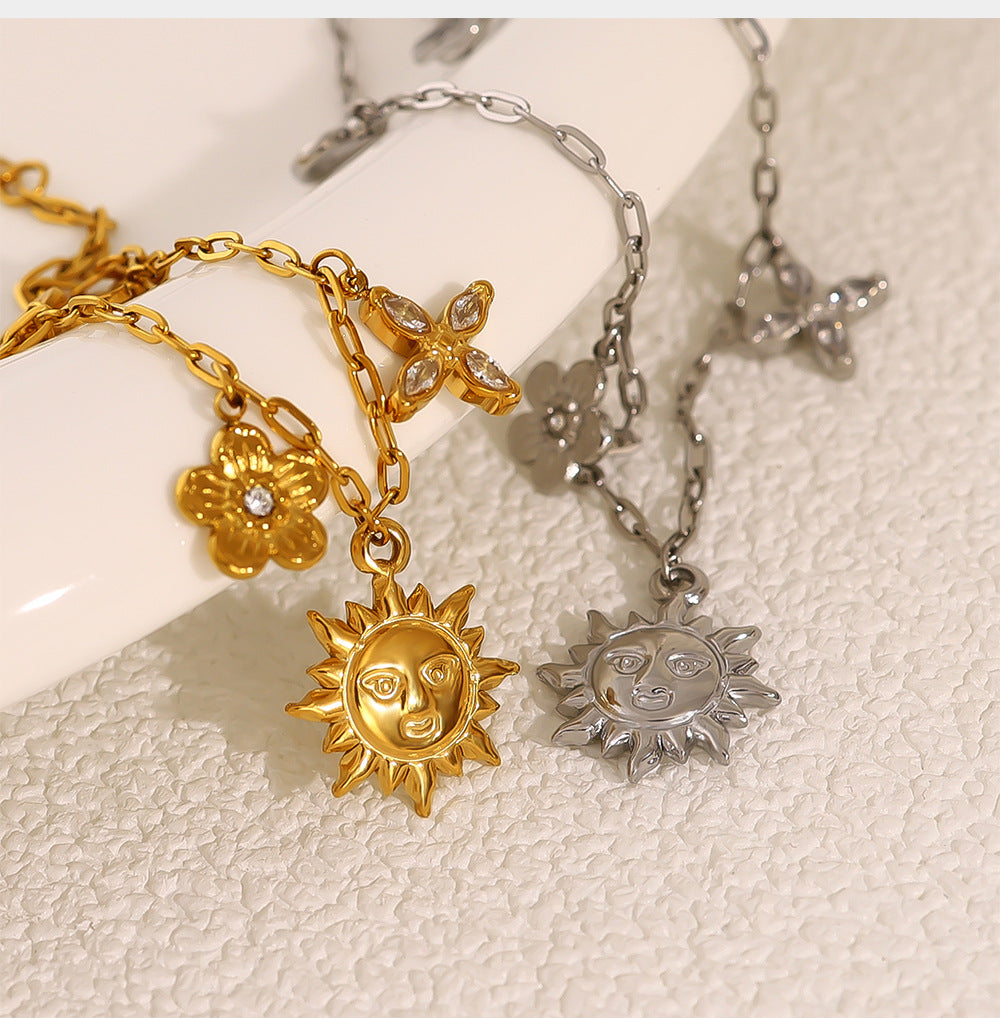 18K Gold Plated Titanium Steel Sunflower, Bow, Heart, and Four-Leaf Clover Layered Bracelet | Fashion Jewelry