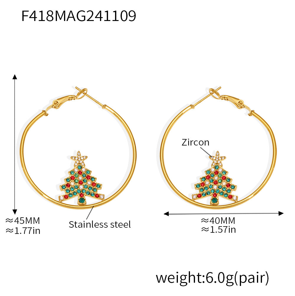 Gold Stainless Steel Christmas Tree Zircon Hoop Earrings | Festive Statement Jewelry for Holiday Style – WANTI Jewelry