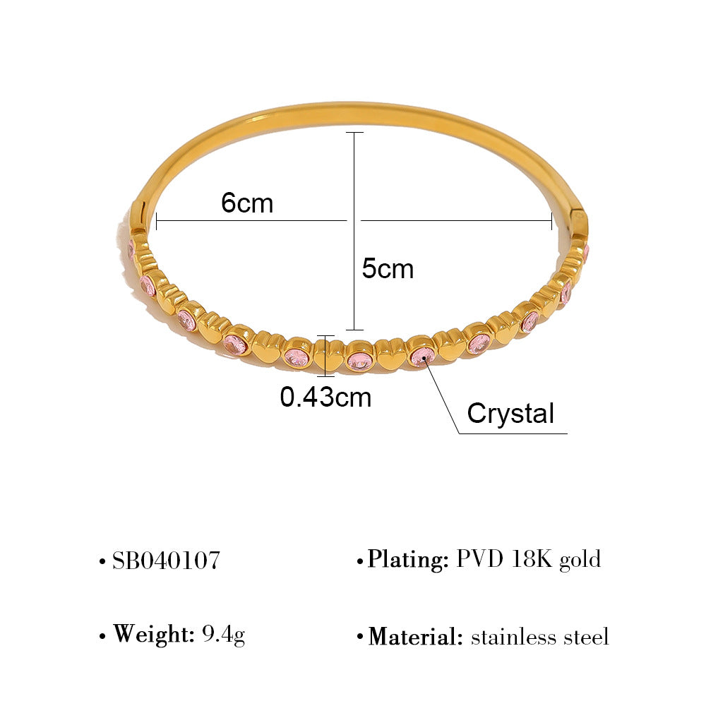 18K Gold Plated Stainless Steel Crystal Heart & Star Bangle Bracelet | Elegant Narrow Edge Cuff Jewelry for Women