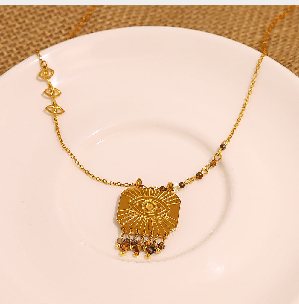 18K Gold Plated Titanium Steel Natural Stone Pendant Necklace (Vintage Style)