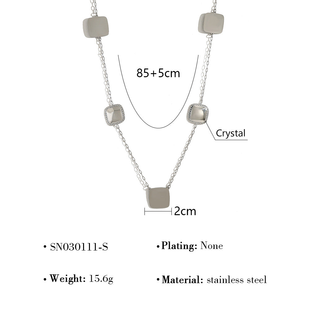 Square Crystal Inlay Long Necklace – 18K Gold-Plated Titanium Steel Jewelry