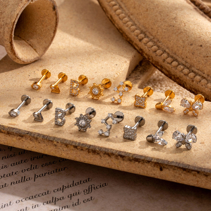 G23 Titanium Internally Threaded CZ Cartilage Stud Earrings – Butterfly, Letter, Sun & Other Shapes – Hypoallergenic Body Piercing Jewelry for Helix, Tragus, Conch