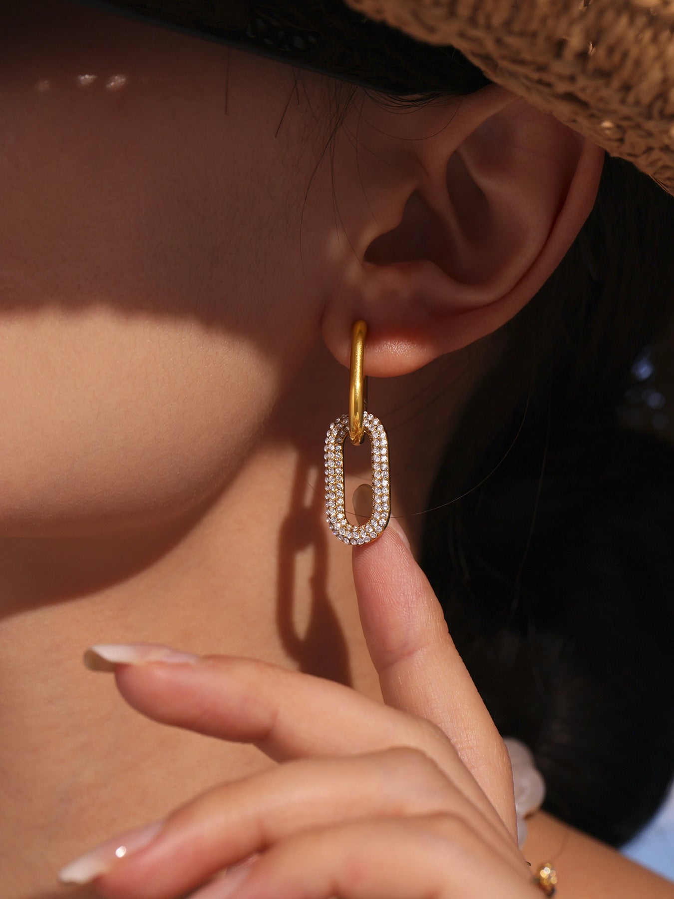 Gold Oval Zircon Dangle Earrings – Elegant Stainless Steel Full Zircon Hoop Earrings for Women