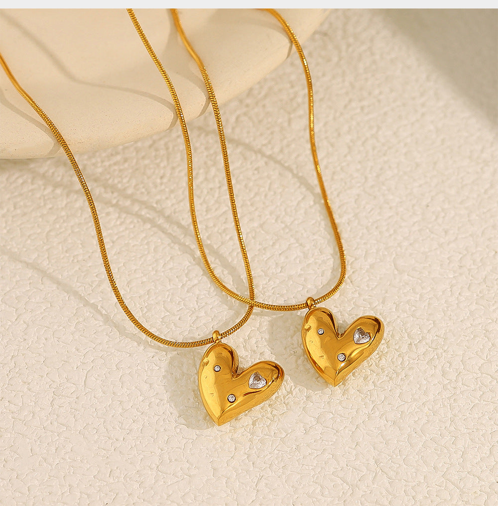 18K Gold Plated Titanium Steel Heart Crystal Pendant Necklace - Simple Fashion Jewelry
