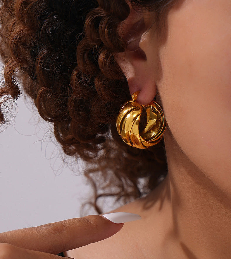 Twisted Rope Hoop Earrings – Vintage Gold Stainless Steel Chunky Ear for Women