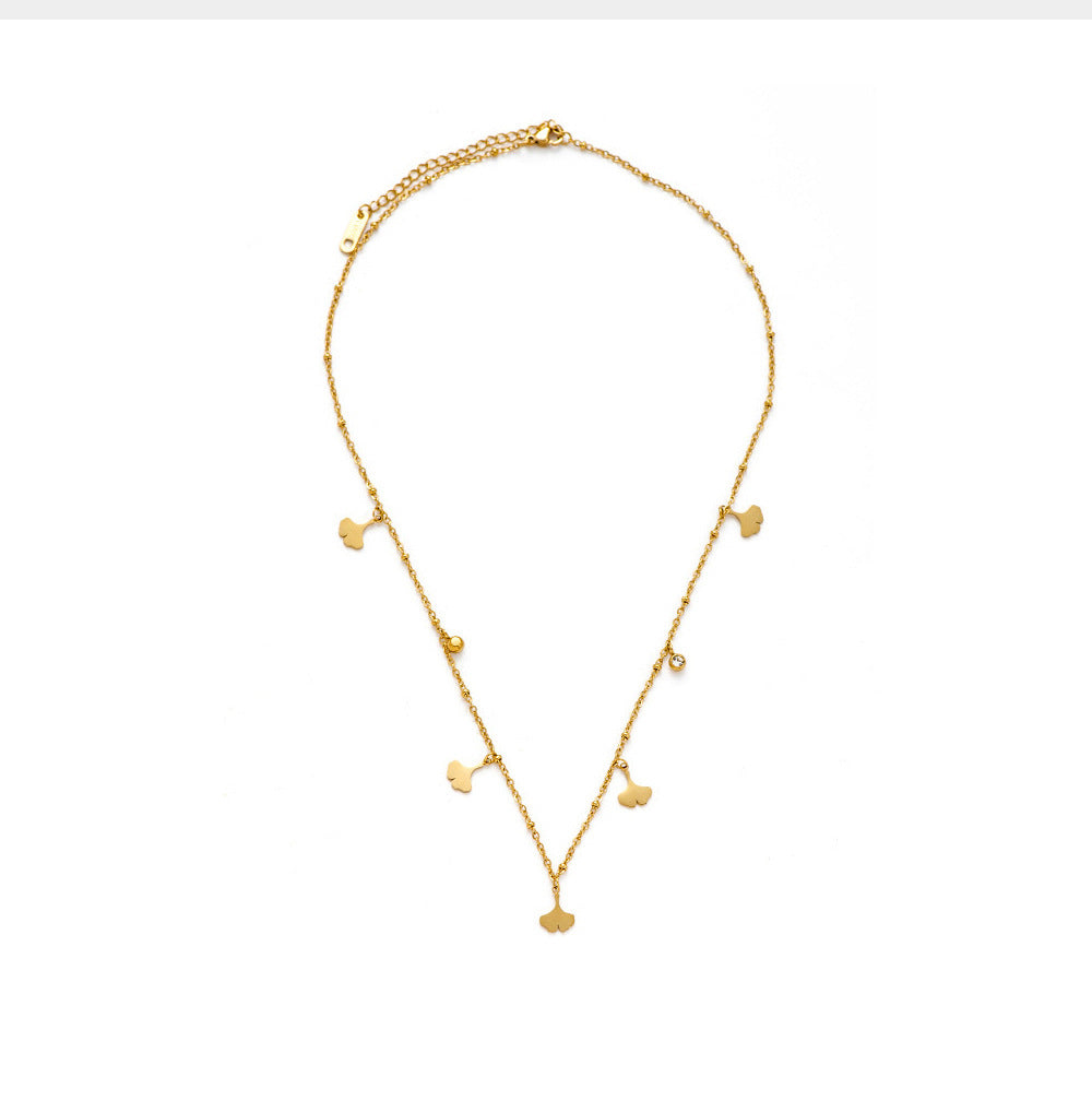 18K Gold Plated Titanium Steel Shell Bead Ginkgo Leaf Crystal Pendant Necklace - Simple Fashion Jewelry