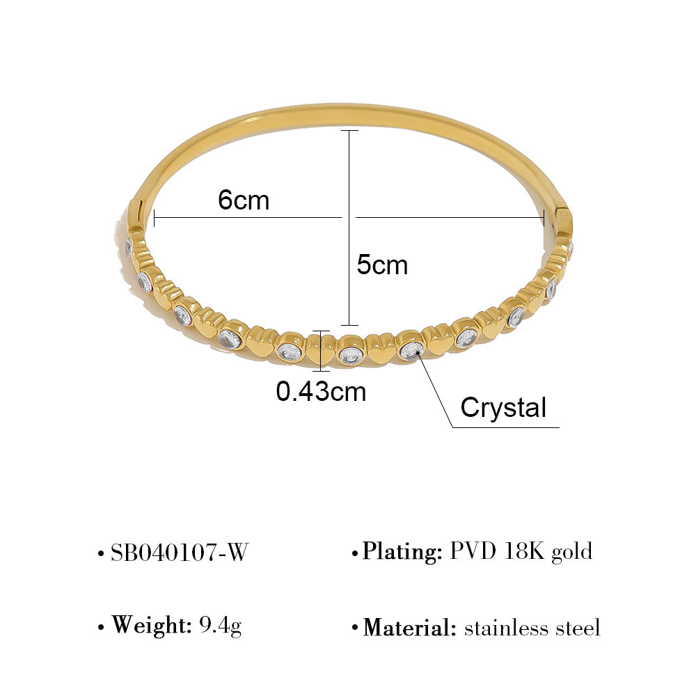 18K Gold Plated Stainless Steel Crystal Heart & Star Bangle Bracelet | Elegant Narrow Edge Cuff Jewelry for Women