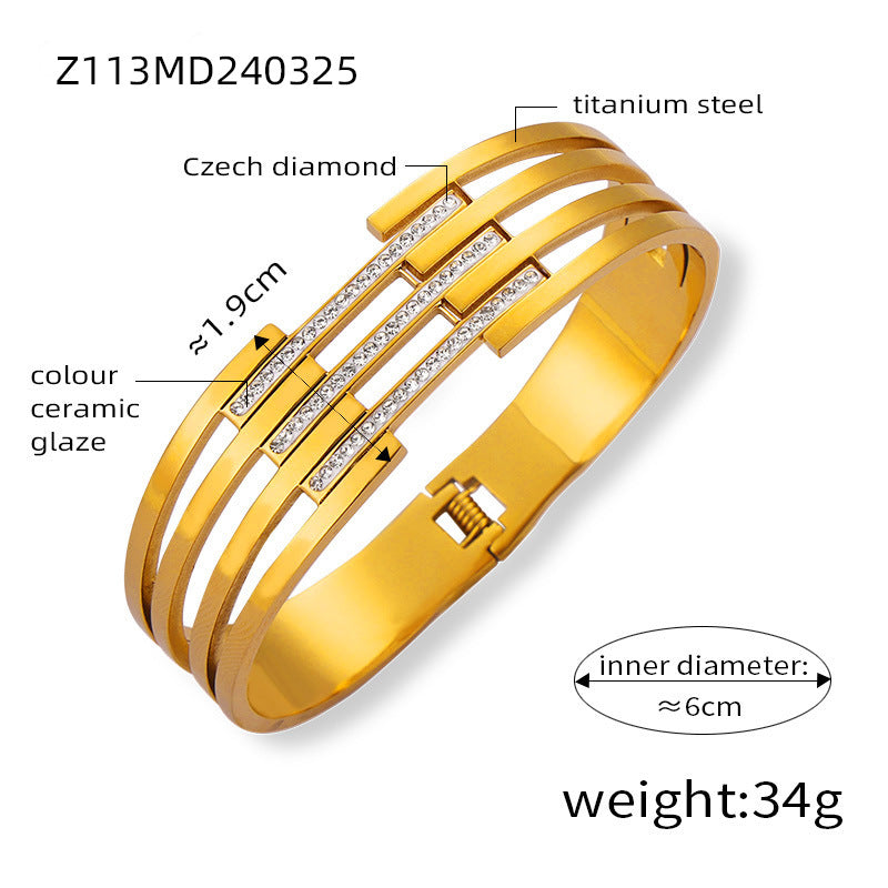 Geometric Stainless Steel Bangle with Czech Diamond & Color Ceramic Glaze – Layered Retro Bracelet Collection | WANTI Jewelry
