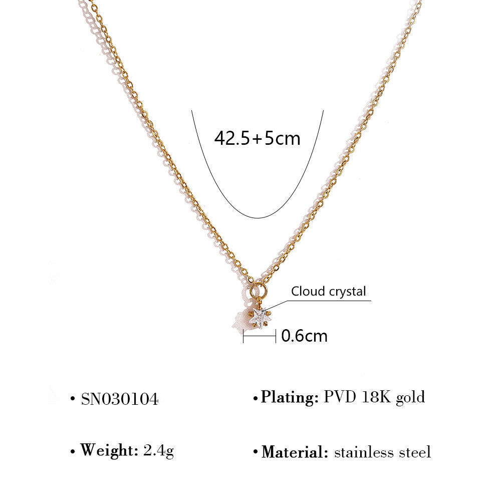 18K Gold Plated Stainless Steel Sun & Star Pendant Necklace – Minimalist Layered Crystal Jewelry for Women