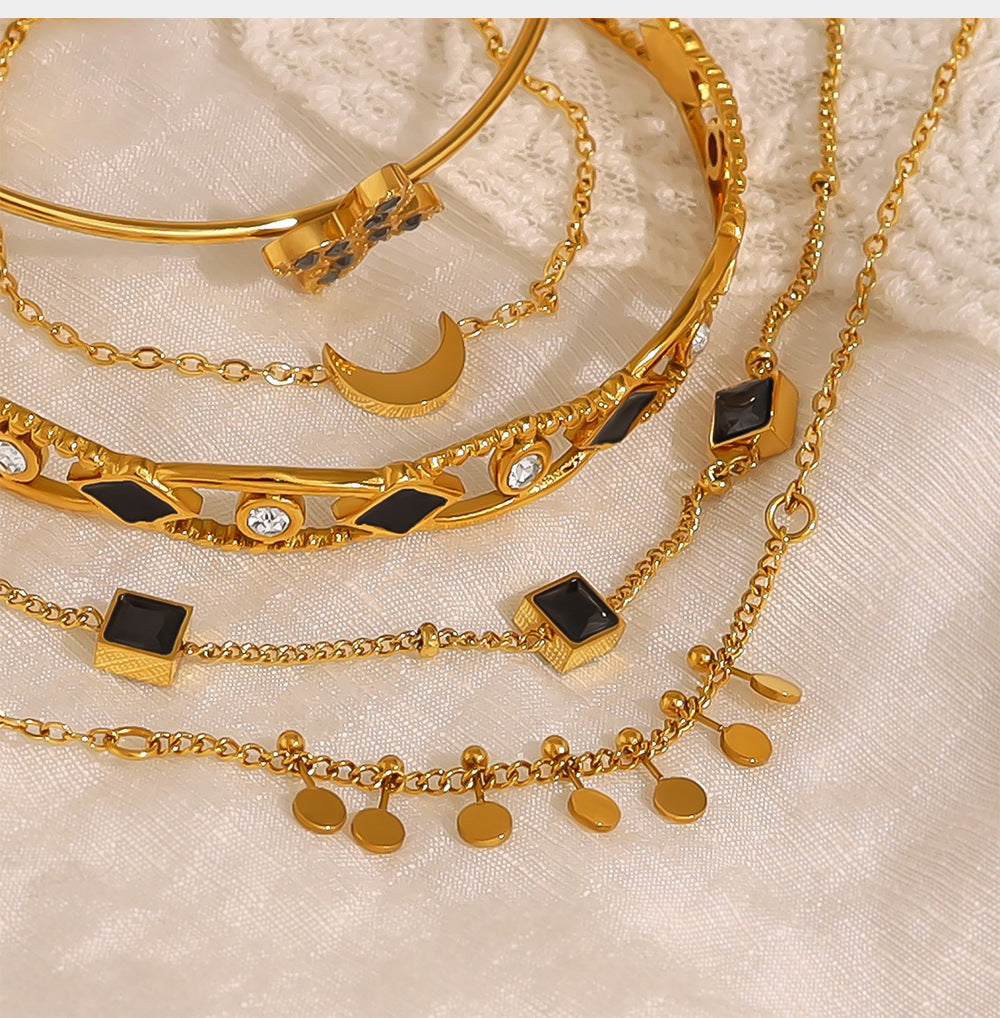 18K Gold Plated Titanium Steel Crystal Moon & Cross Pendant Bracelet | Elegant Fashion Jewelry