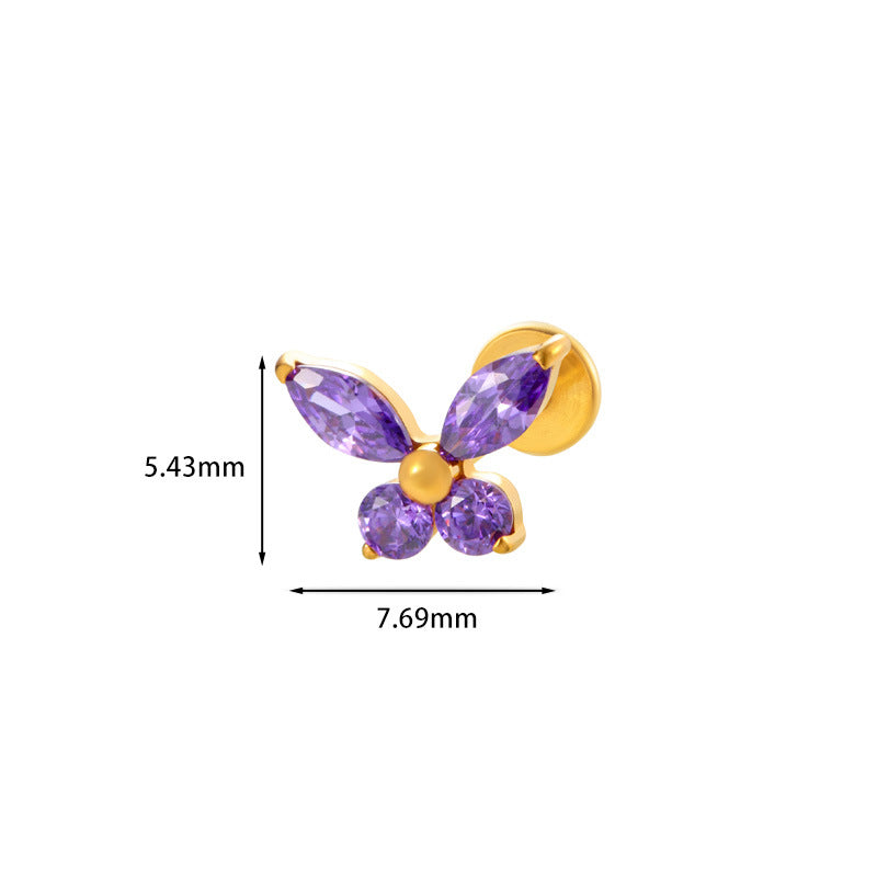 F136 Titanium Butterfly Zirconia Piercing - 1.2*8mm Lip & Cartilage Stud with Internal Thread