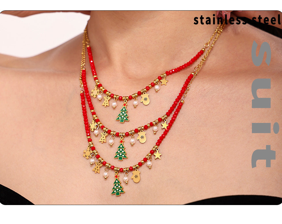 Gold Stainless Steel Christmas Tree Star Snowflake Pendant Necklace | Festive Zircon Holiday Jewelry Gift