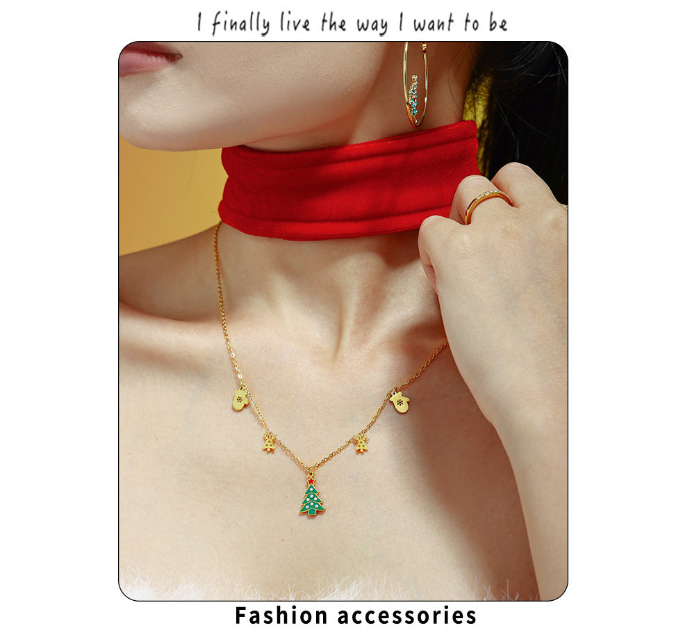 Gold Stainless Steel Christmas Necklace | Green Christmas Tree Pendant with Oil Drop & Zircon