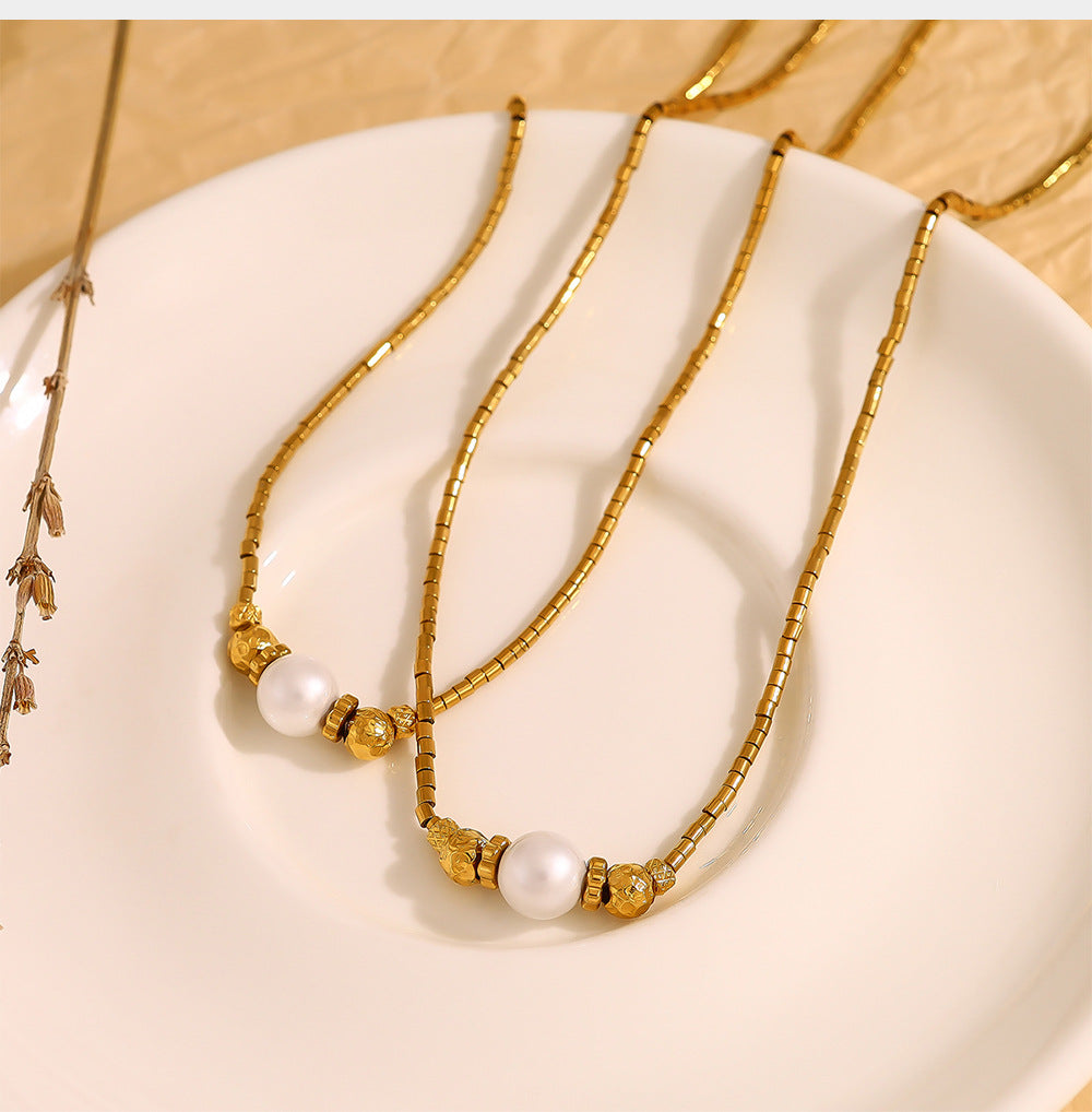 18K Gold Plated Stainless Steel Pearl Pendant Necklace – Elegant Minimalist Jewelry for Women