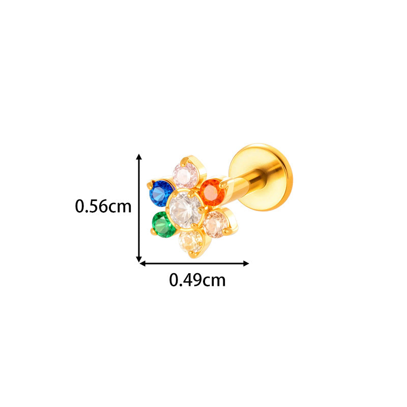 G23/F136 Titanium Colorful CZ Flower & Geometric Flat Back Labret Studs | Hypoallergenic Internally Threaded Piercing Jewelry for Ear, Lip, Cartilage