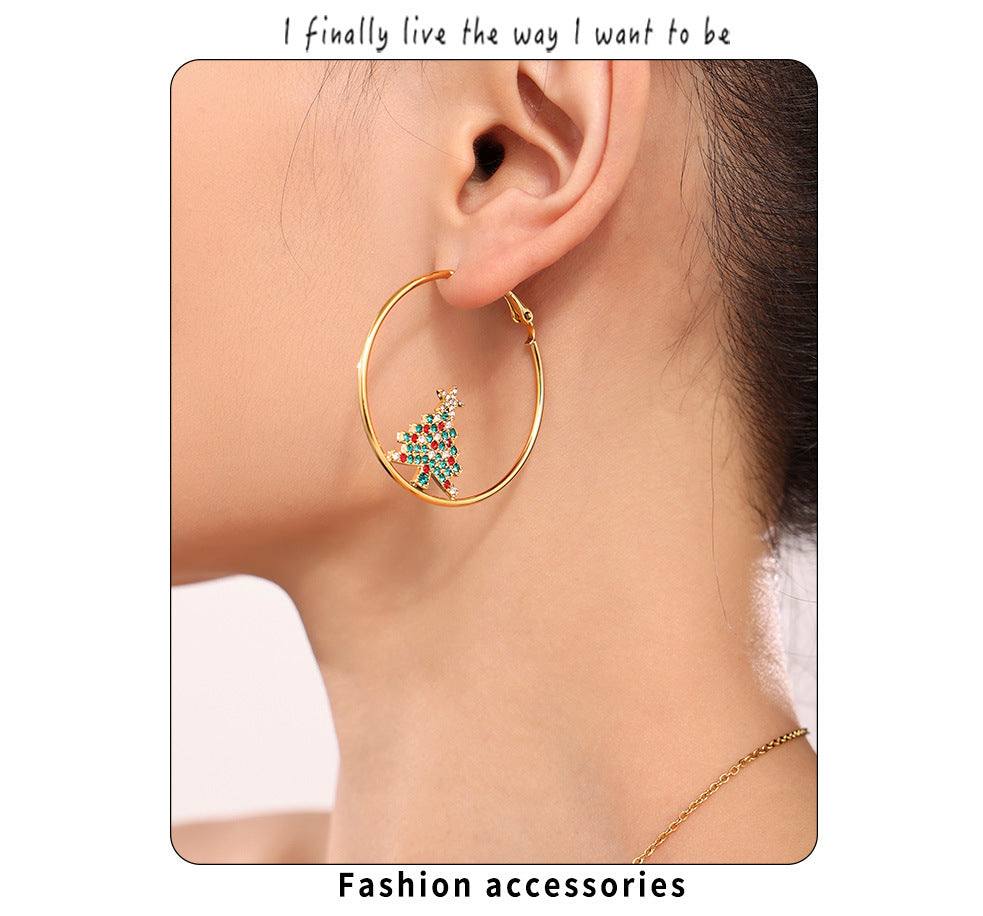 Gold Stainless Steel Christmas Tree Zircon Hoop Earrings | Festive Statement Jewelry for Holiday Style – WANTI Jewelry