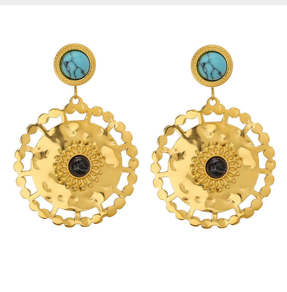 Natural Stone Floral Hoop Earrings – Stainless Steel Turquoise & Opal Drop Earrings for Women