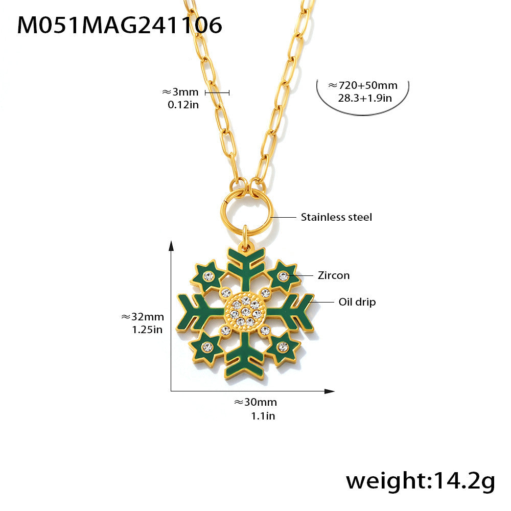 Gold Stainless Steel Christmas Snowflake Long Necklace – White, Green & Red Enamel Pendant Holiday Jewelry