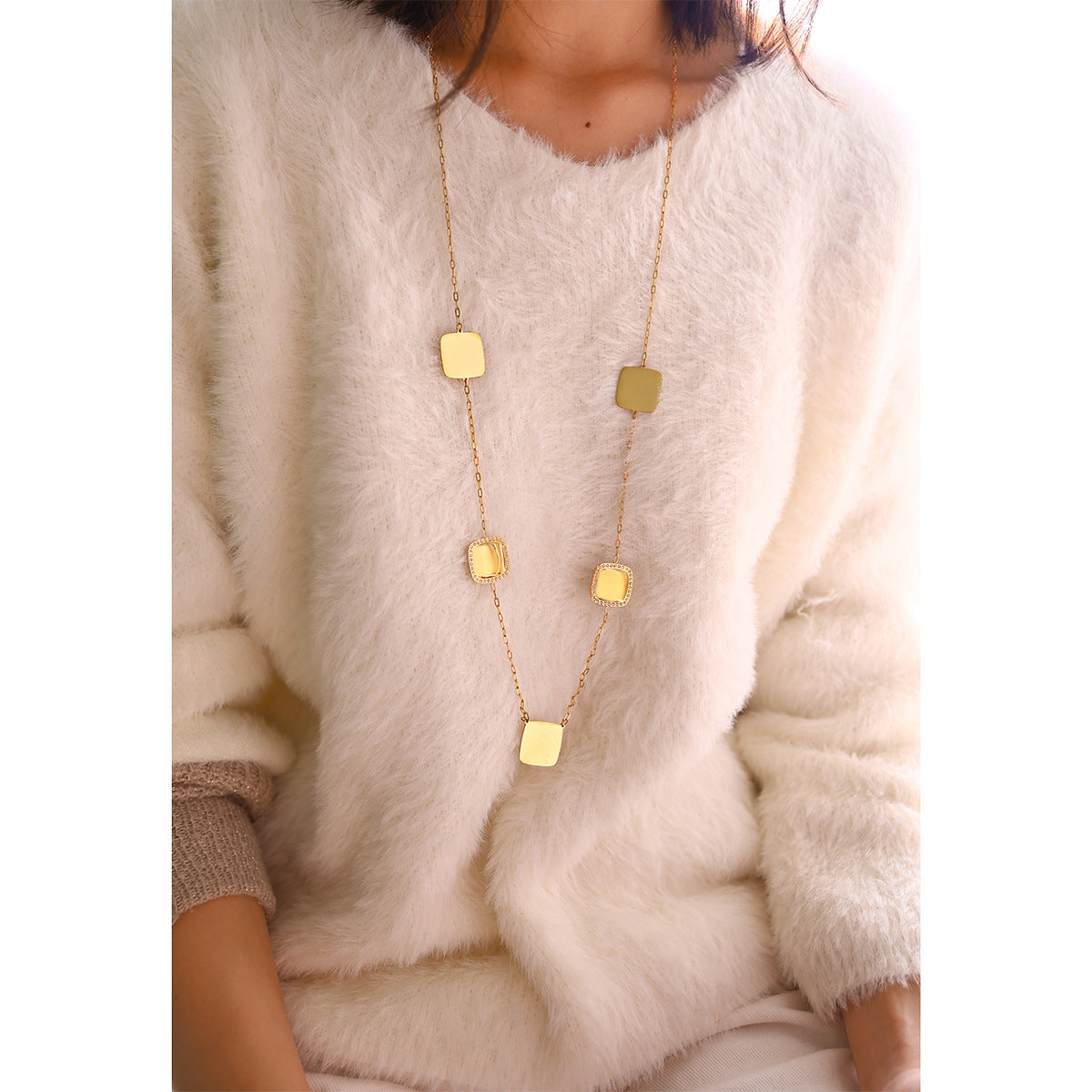 Square Crystal Inlay Long Necklace – 18K Gold-Plated Titanium Steel Jewelry