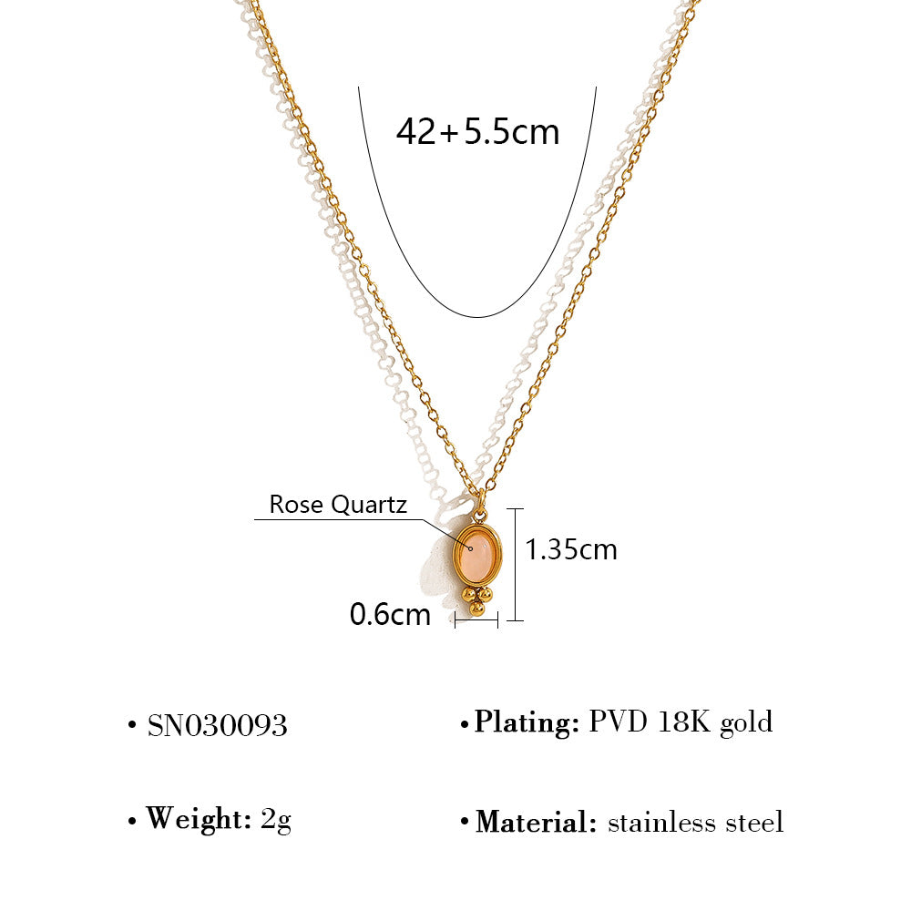 18K Gold Plated Stainless Steel Oval & Round Crystal Pendant Necklace | Colorful Zircon & Rose Quartz Jewelry for Women