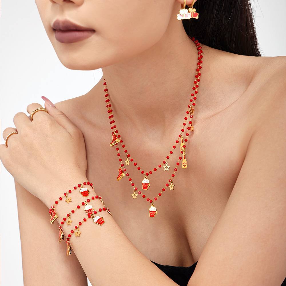 Christmas Ice Skate Star Champagne Pendant Enamel Necklace & Bracelet Set – Gold Plated Stainless Steel Festive Jewelry