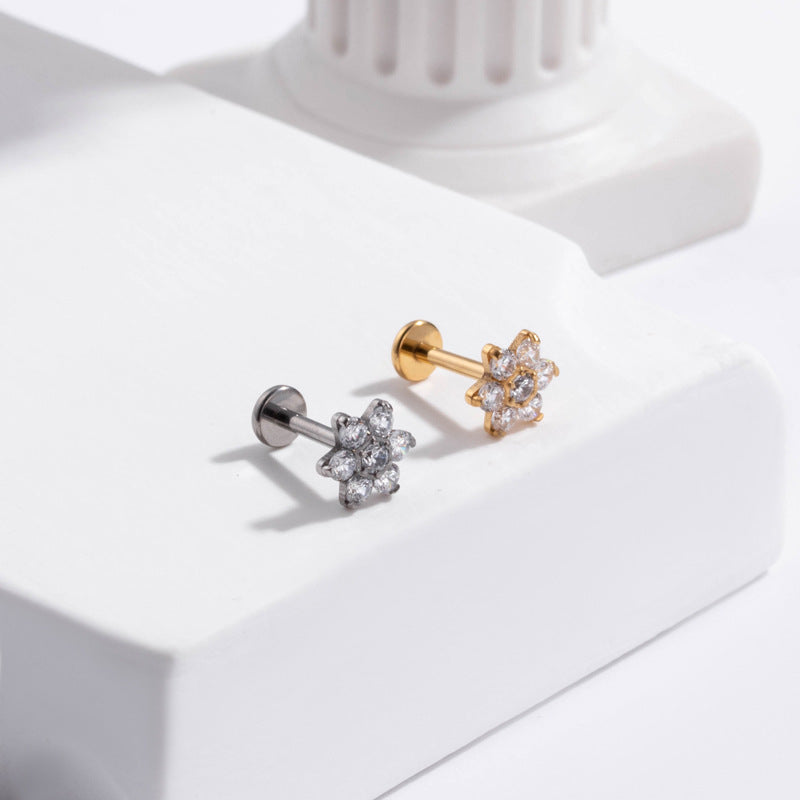 G23 Titanium Internal Thread Lip & Cartilage Studs – Zircon Flower, Cross, Opal Designs | Gold & Silver Piercing Jewelry