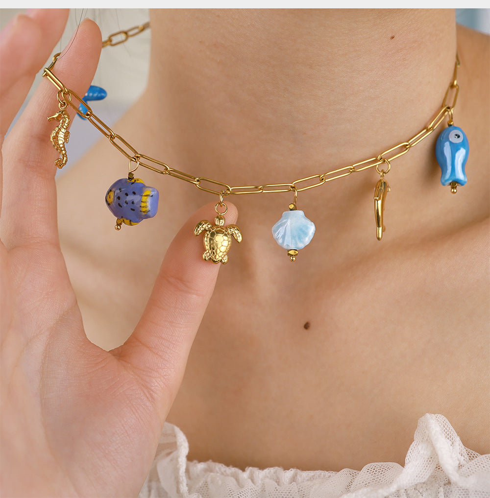 18K Gold Plated Titanium Steel Ocean Pendant Necklace | Seahorse, Starfish, Shell, Turtle, Fish & Dolphin Designs