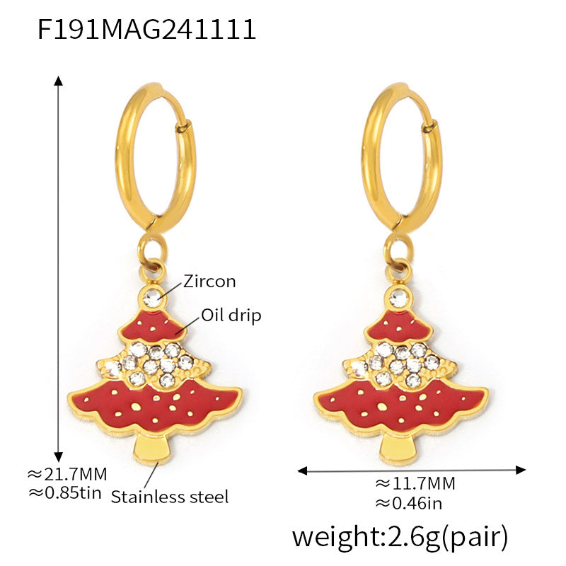 Gold Stainless Steel Christmas Tree Earrings | Zircon & Enamel Drop Hoop Holiday Jewelry – WANTI Jewelry