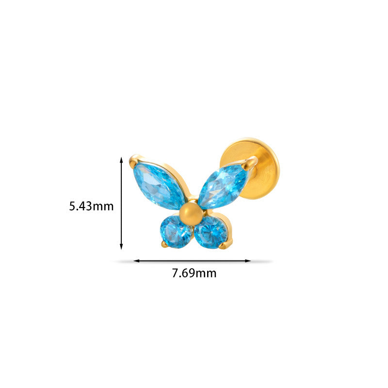 F136 Titanium Butterfly Zirconia Piercing - 1.2*8mm Lip & Cartilage Stud with Internal Thread