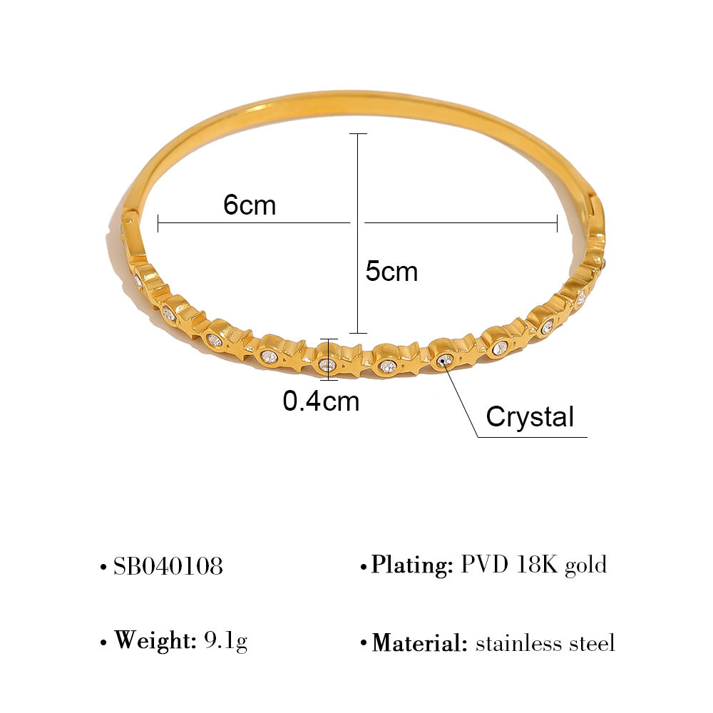 18K Gold Plated Stainless Steel Crystal Heart & Star Bangle Bracelet | Elegant Narrow Edge Cuff Jewelry for Women