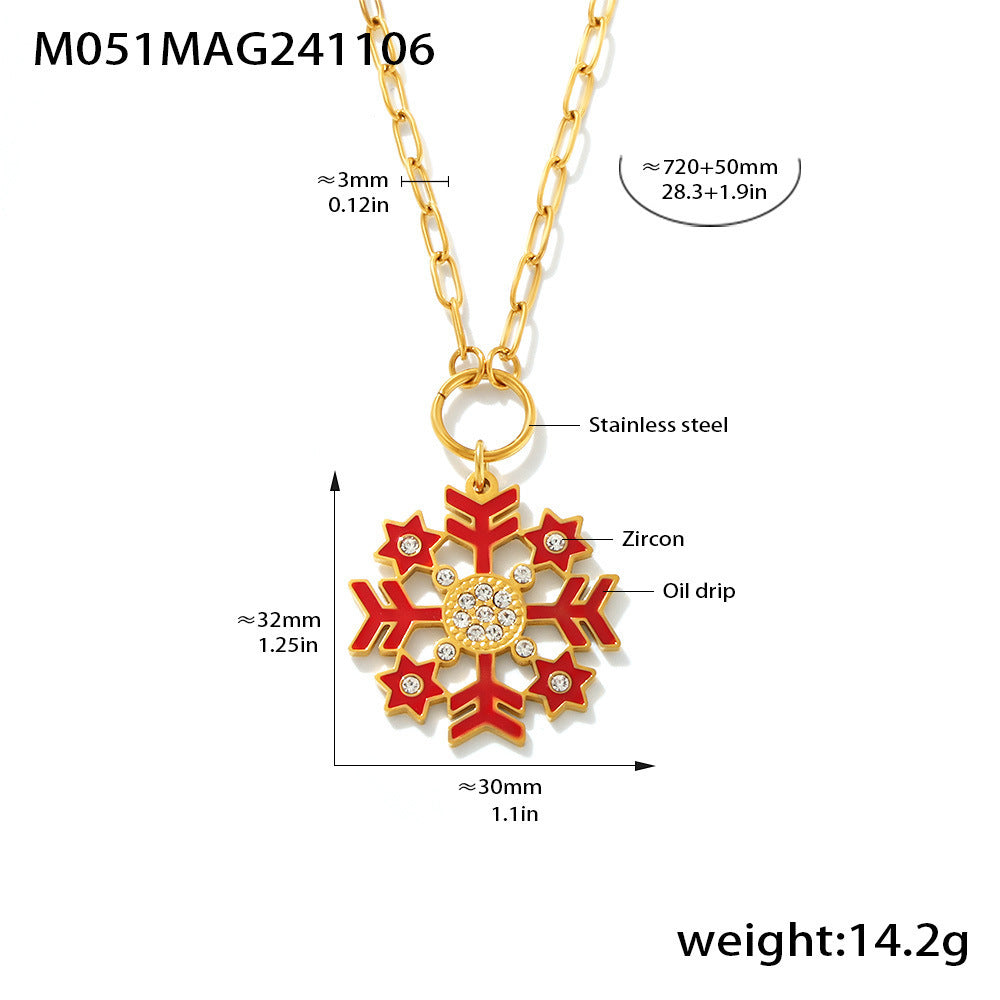 Gold Stainless Steel Christmas Snowflake Long Necklace – White, Green & Red Enamel Pendant Holiday Jewelry