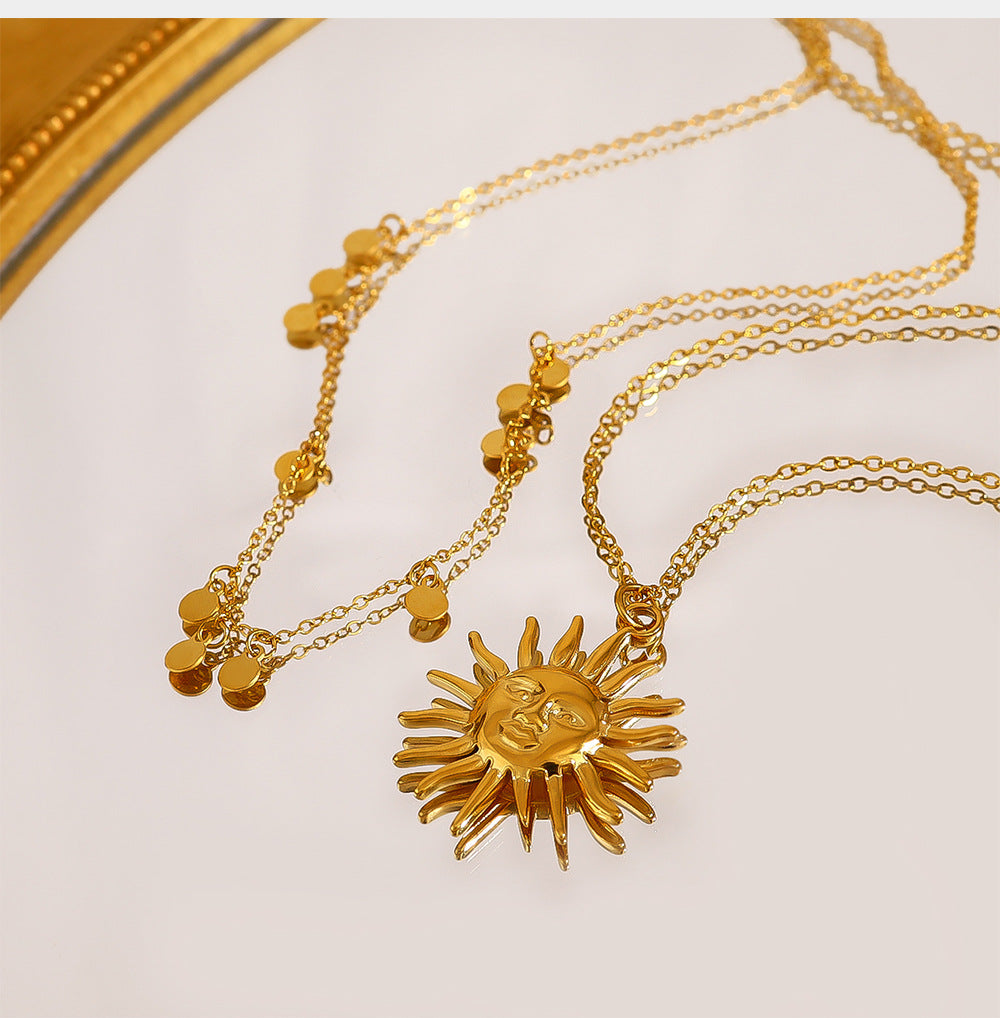18K Gold Plated Stainless Steel Sun & Star Pendant Necklace – Minimalist Layered Crystal Jewelry for Women
