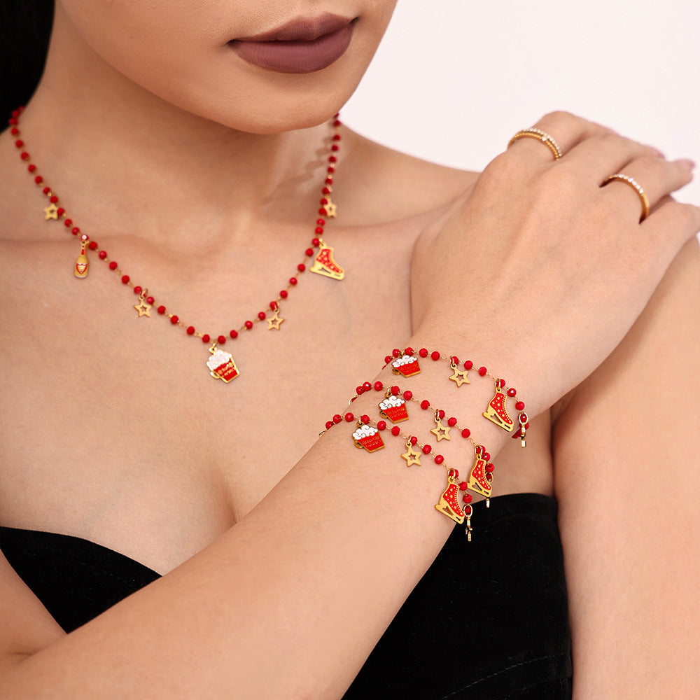 Christmas Ice Skate Star Champagne Pendant Enamel Necklace & Bracelet Set – Gold Plated Stainless Steel Festive Jewelry