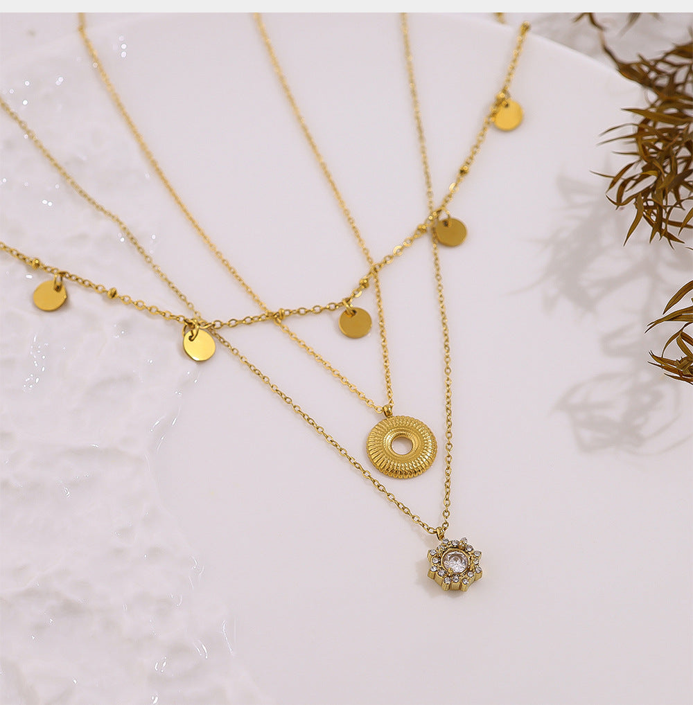18K Gold Plated Stainless Steel Crystal Flower, Circle & Disc Pendant Necklaces – Elegant High-End Jewelry Collection