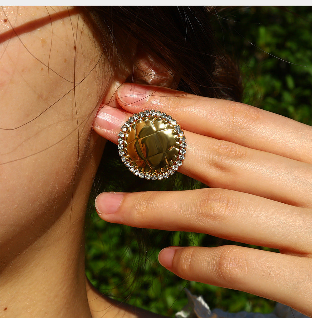 Stainless Steel Crystal Geometric Round Earrings – Textured Luxury Statement Hoop Earrings for Women