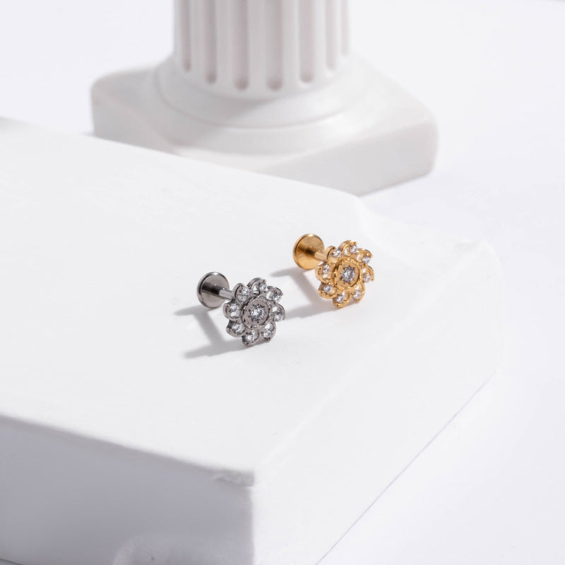 G23 Titanium Push Pin Labret Stud Hollow Flower Paw Design | Hypoallergenic Flat Back Cartilage Piercing Jewelry