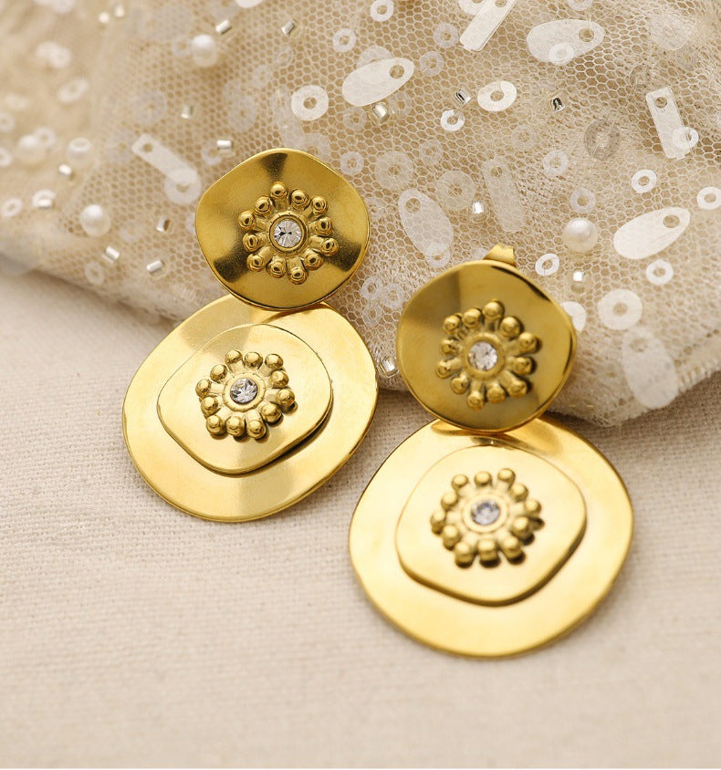 Vintage Floral Crystal Drop Earrings – Stainless Steel Elegant Retro Jewelry for Women