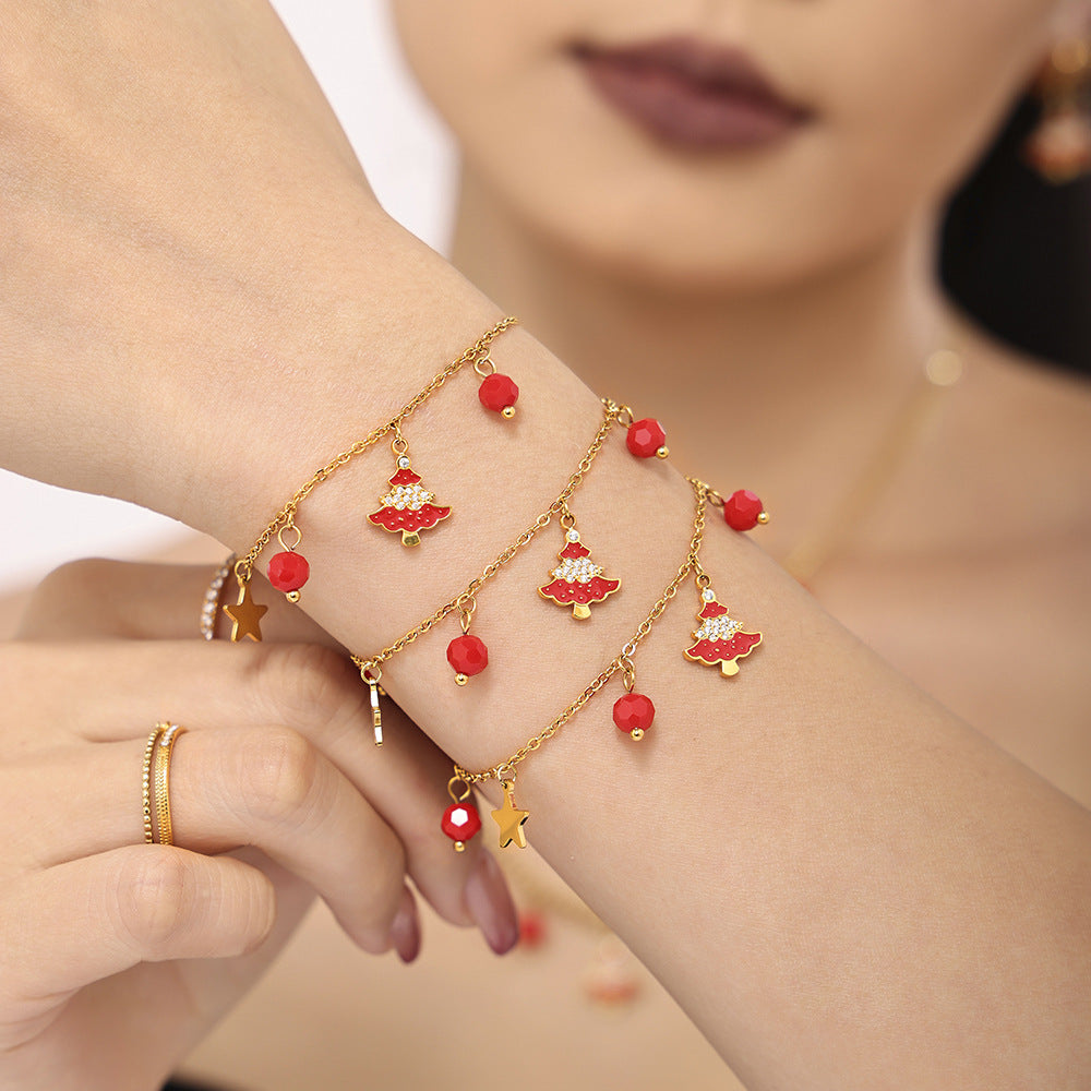 Christmas Tree Garnet Oil Drop Zircon Necklace & Bracelet Set | Layered Stainless Steel Holiday Jewelry