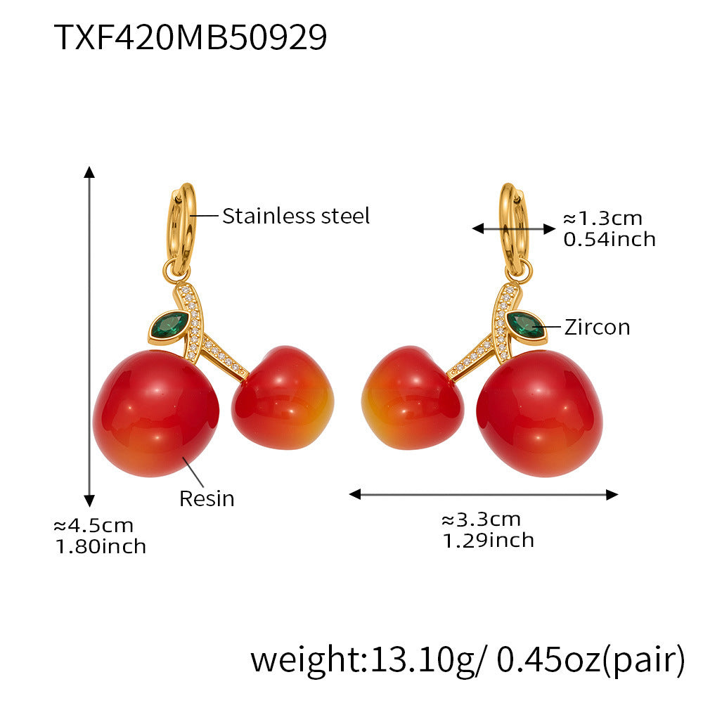 Cherry Zircon Jewelry Set | Gold & Silver Stainless Steel Necklace, Bracelet & Earrings | Trendy Red Resin Cherry Collection by WANTI Jewelry