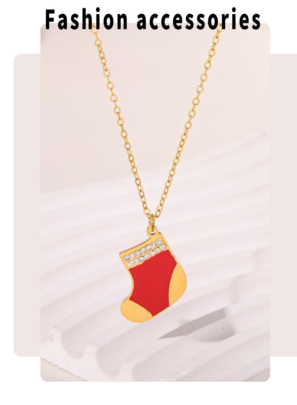 Gold Stainless Steel Christmas Red Sock Pendant Necklace | Festive Holiday Zircon Jewelry Gift