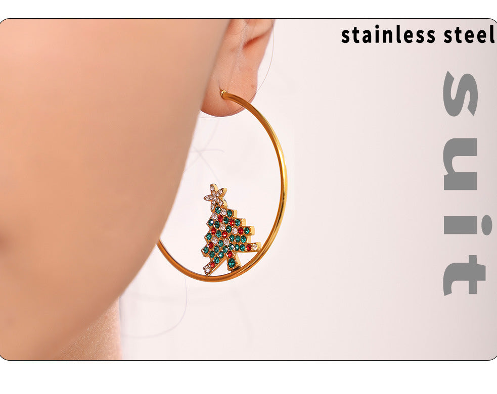 Gold Stainless Steel Christmas Tree Zircon Hoop Earrings | Festive Statement Jewelry for Holiday Style – WANTI Jewelry